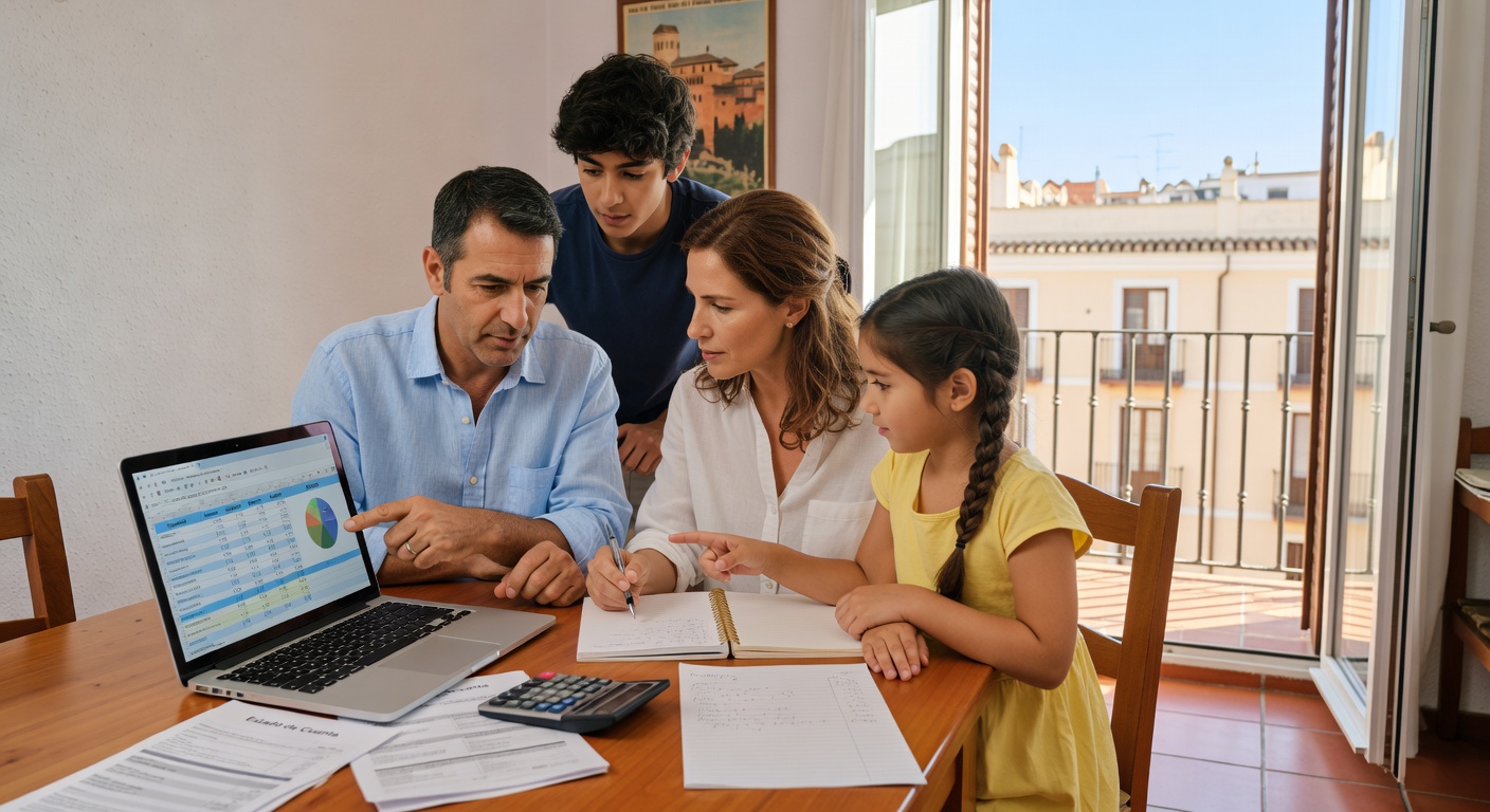 Familia española calculando presupuesto