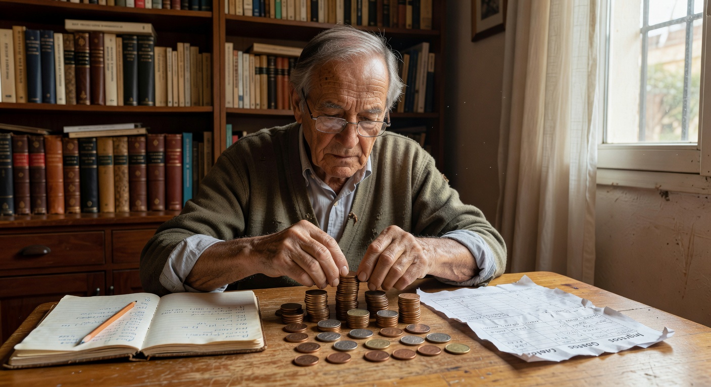 Pensionista español calculando su presupuesto con monedas